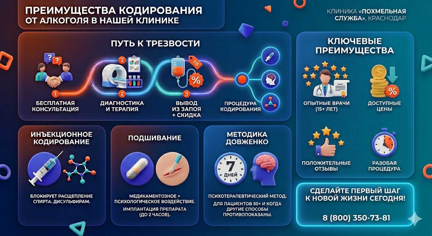 Инфографика о методах кодирования от алкоголя в Мысках: инъекции, подшивание, метод Довженко. Преимущества клиники и этапы лечения.