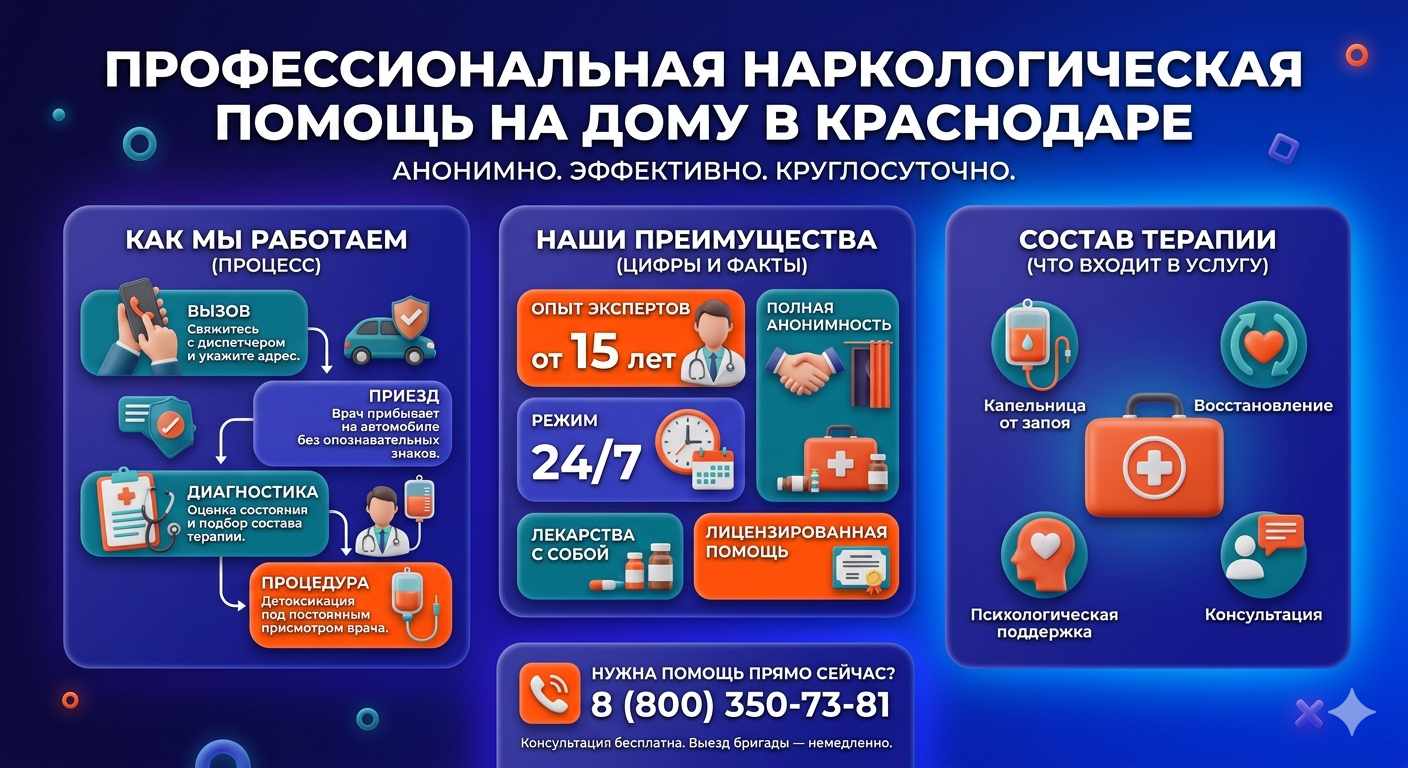 Инфографика о принципах лечения алкоголизма на дому в Мысках: этапы вызова нарколога, преимущества анонимной детоксикации и состав медицинской помощи.